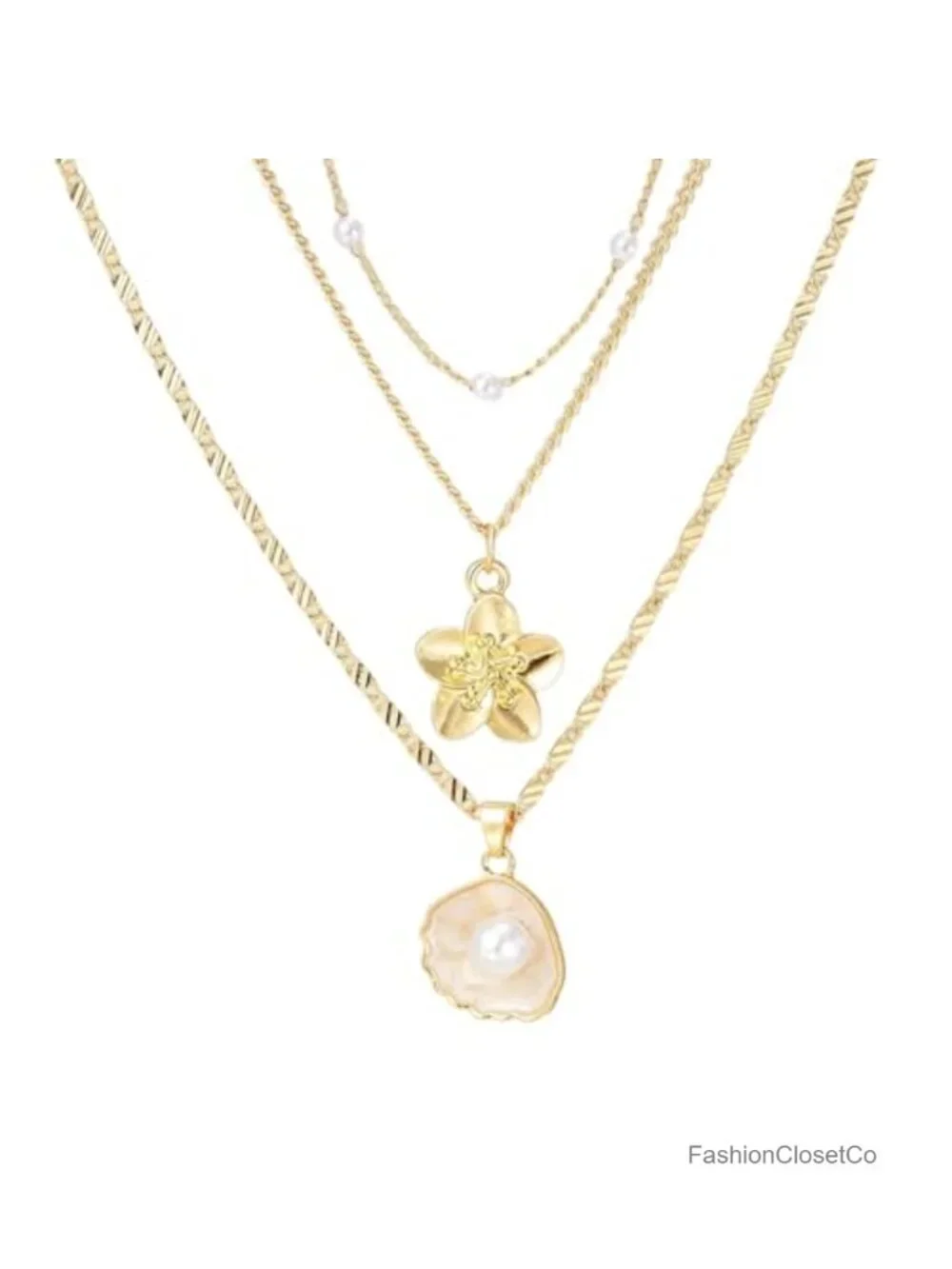 Gold Plated Shell Flower Charm Necklace Layered Boho Seashell Starfish Pearl